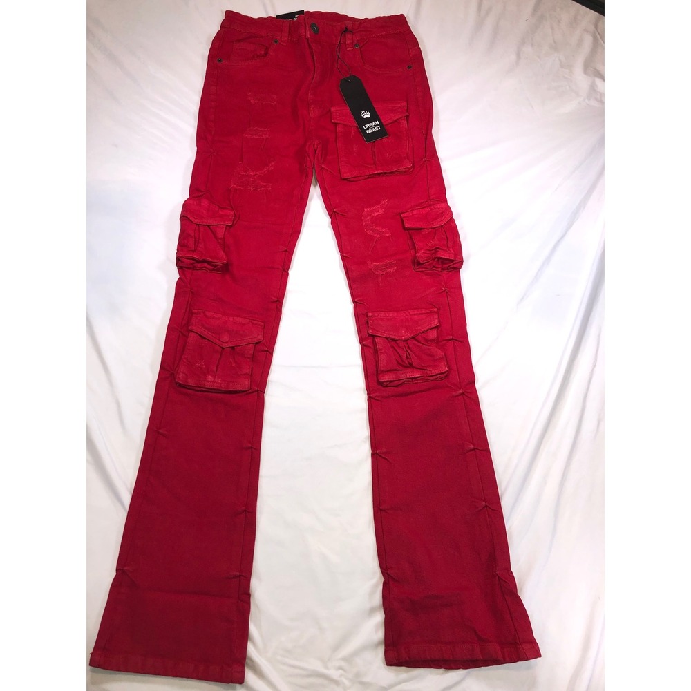 Urban Beast Mens Red Stacked Fit Cargo Pants Distressed Stretch Denim 32x36 NWT